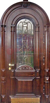 Арочная металлическая дверь массив со стеклом и ковкой ДА-50 в Кубинке