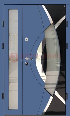 Синяя металлическая дверь со стеклом и узором ДС-13 в Кубинке