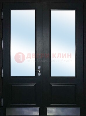 Черная двухстворчатая металлическая дверь со стеклом ДС-25 в Кубинке