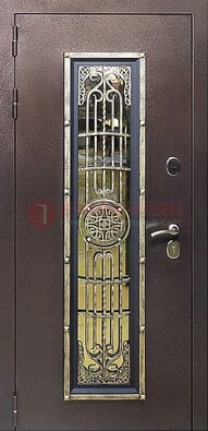Железная дверь цвета медный антик со стеклом и ковкой ДСК-105 в Кубинке