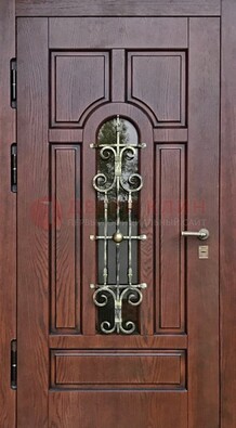 Cтальная дверь со стеклом и ковкой в коричневом цвете ДСК-119 в Кубинке