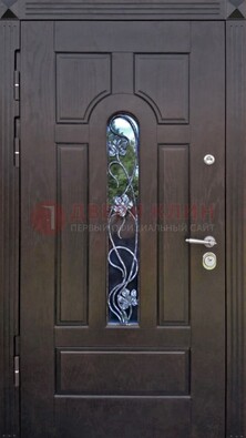 Металлическая дверь со стеклом и ковкой в цвете венге ДСК-142 в Кубинке