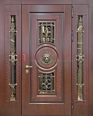 Коричневая стальная дверь со стеклом и ковкой ДСК-147 с фрамугами в Кубинке