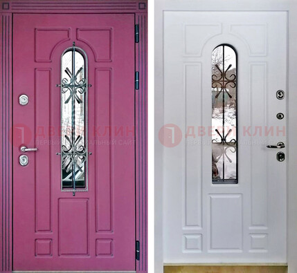 Розовая металлическая дверь со стеклом и ковкой ДСК-151 в Кубинке
