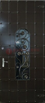 Высокая железная дверь со стеклом и ковкой ДСК-15 в Кубинке