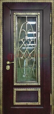 Темная уличная дверь порошок со стеклом и ковкой ДСК-167 в Кубинке