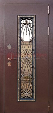 Коричневая стальная дверь порошок со стеклом и ковкой для дома ДСК-169 в Кубинке