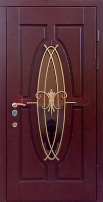 Бордовая стальная дверь Винорит со стеклом и ковкой ДСК-263 в Кубинке