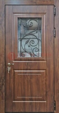 Железная дверь Винорит стекло и ковка с цветом под дерево ДСК-266 в Голицино