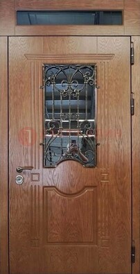 Металлическая входная дверь со стеклом и ковкой для дома ДСК-96 в Кубинке