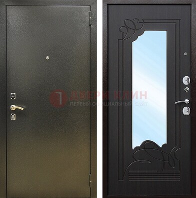 Железная темная дверь c порошковым напылением и МДФ с узором и зеркалом ДЗ-111 в Кубинке