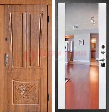 Входная коричневая дверь терморазрыв c виноритом и белая МДФ c зеркалом ДЗ-123 в Кубинке