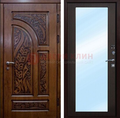 Коричневая входная дверь c узором и виноритом МДФ с зеркалом ДЗ-98 в Кубинке