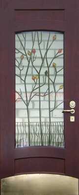 Бордовая стальная дверь с витражом и декоративным элементом ВЖ-3 в Кубинке